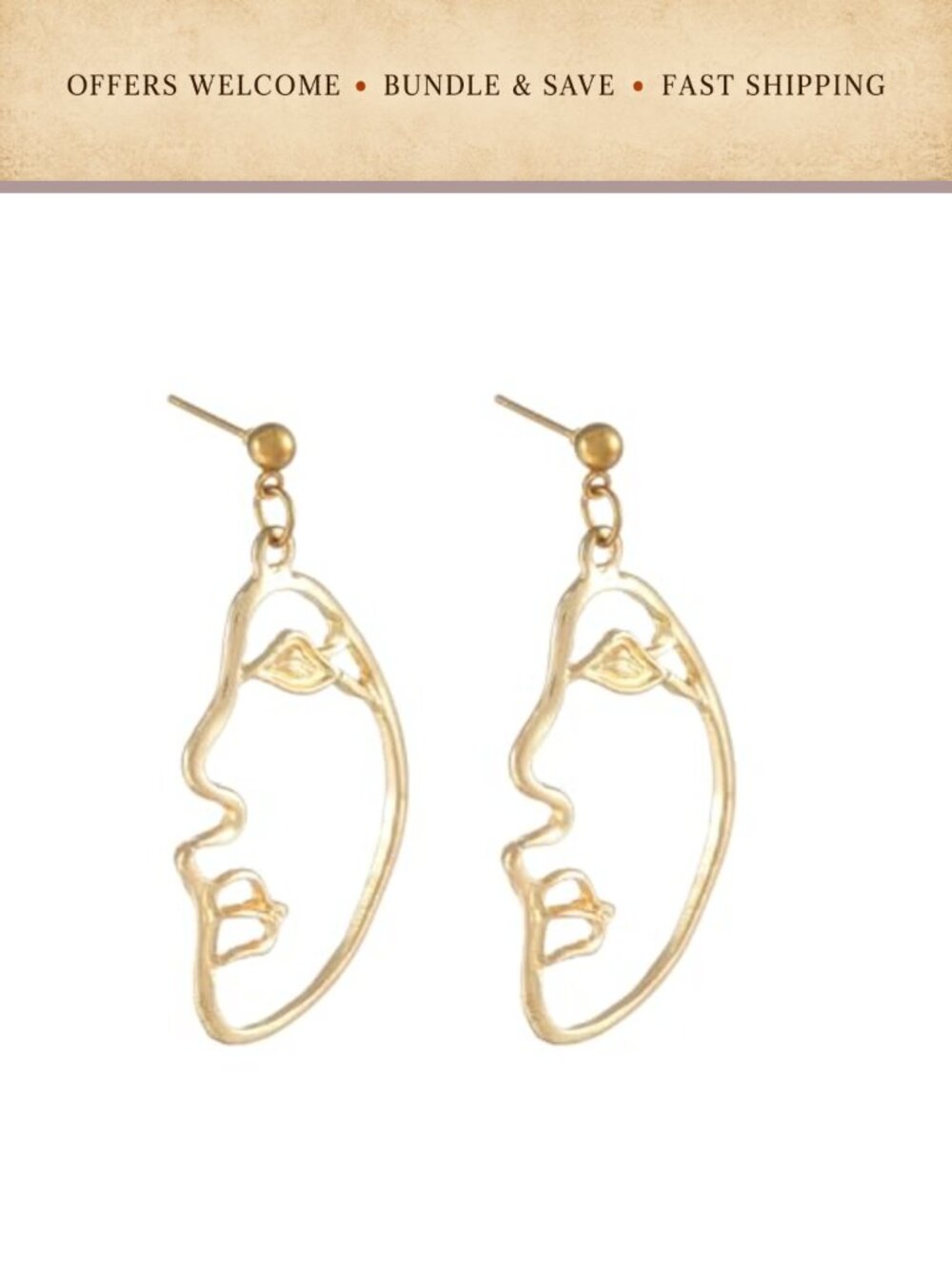 Abstract Human Face Drop Dangle Earrings Gold Tone Hypoallergenic Lightweight